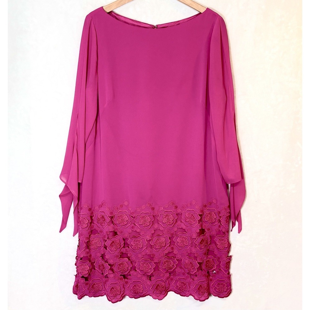 Tahari Fuchsia Pink Barbiecore Lace Embroidered Hem Chiffon Cocktail Dress Sz 12